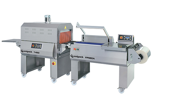 Semiautomatic L-sealers in stainless steel for food packaging with shrink tunnel